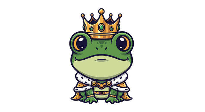 Cute cartoon frog king wearing a golden crown and royal robe, isolated on white background.