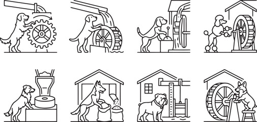 Fototapeta premium Dog characters operating traditional water wheels and industrial grain milling machinery
