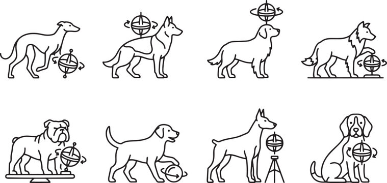 Scientific dog training icons featuring gyroscopes and balance tools