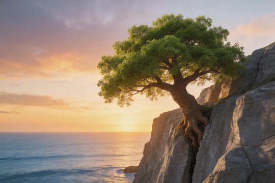 Tree on cliff by ocean at sunset