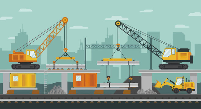 Heavy machinery at a construction site with cranes and trains.