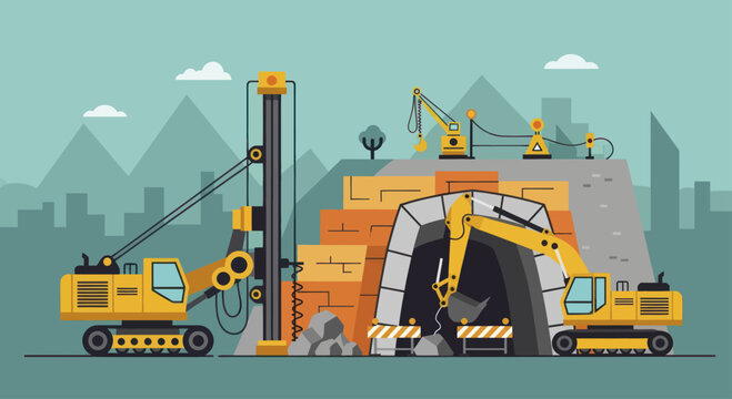 Heavy machinery performing mining and excavation operations at a construction site.