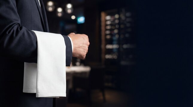 Waiter standing with a white napkin in a restaurant with dark background