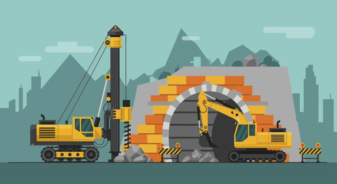 Heavy machinery working on tunnel construction project.