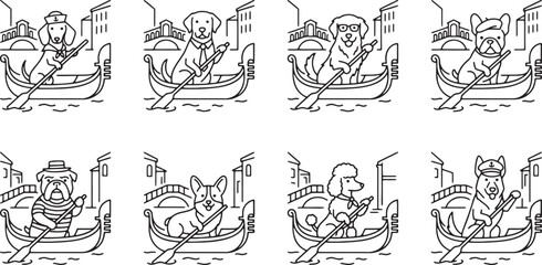 Dog gondolier characters rowing boats through the canals of Venice © HM
