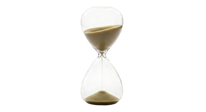 A clear glass hourglass with sand flowing from top to bottom on a black background