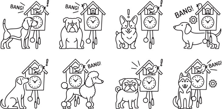 Curious dogs looking at traditional cuckoo clocks with birds popping out for time