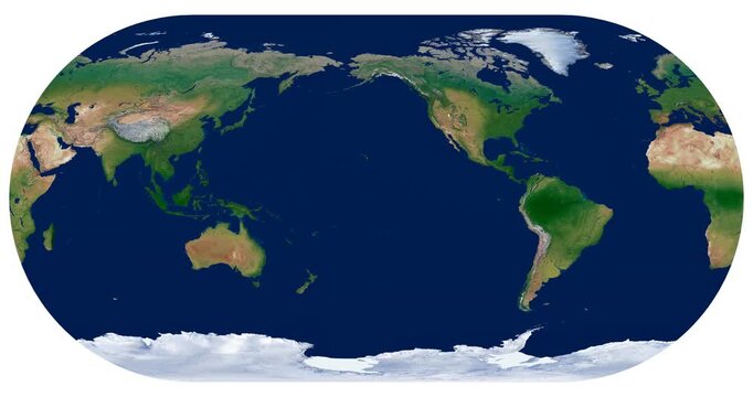 World Map. Eckert III projection. High detail animation of Earth rotating with latitude and longitude. Physical map for educational use.