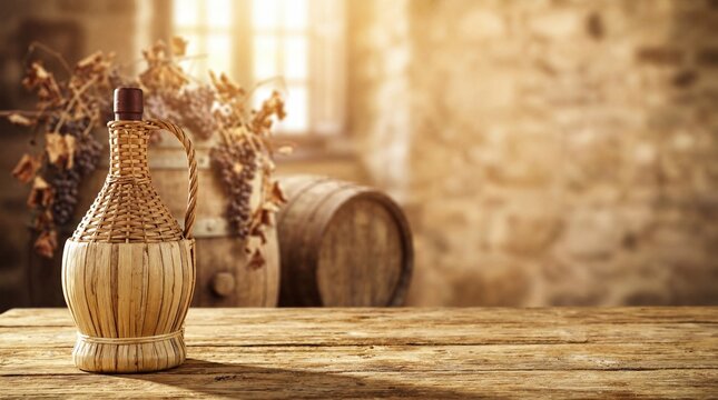 Wicker wrapped wine bottle on rustic wooden table in a wine cellar