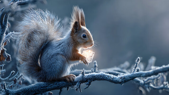 A charming red squirrel sits on a frost-covered branch, holding a glowing crystalline object in its