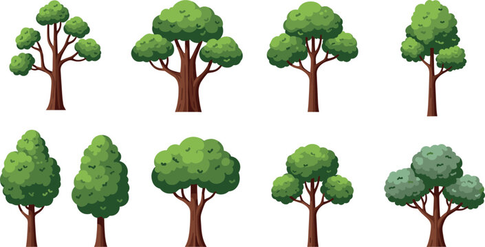 Cartoon green trees collection with various shapes and foliage styles in colorful flat vector illustration set for nature design