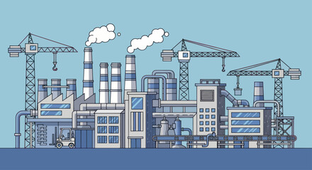 Obraz premium Industrial factory complex with cranes and smoking chimneys.