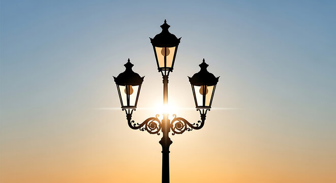 Vintage triple-headed street lamp silhouetted against a bright, golden sunset sky, evoking a sense of classic elegance and nostalgic charm