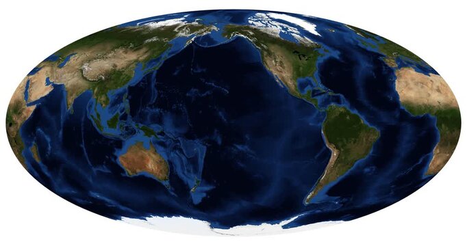 World Map in Mollweide Projection. Animated longitude shift, rotation view. High detail, physical Earth map. June View. Elements of this video furnished by NASA.