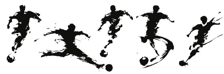 Abstract grunge illustration of a jumping soccer player and action silhouettes of a woman, girl, and man competing in sports like football and basketball with ink art splashes © Bappa