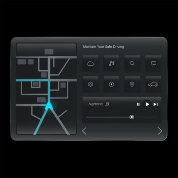 Car dashboard head unit interface with navigation and media controls