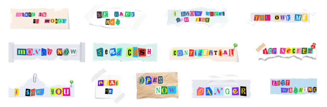 Ransom note message set with cut out newspaper letters on torn paper scraps featuring top secret, send cash, money now, danger and detective crime phrases isolated collection