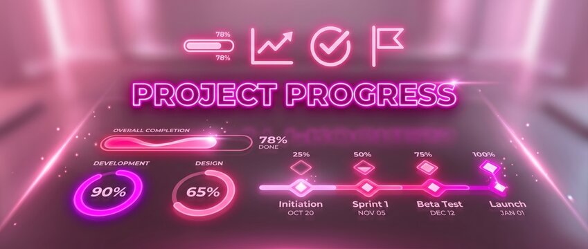 Project progress timeline with neon glowing charts and graphs in a futuristic digital interface