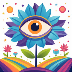 Fototapeta premium Vibrant flower with eye blooms on rainbow hill under starry sky with small flowers