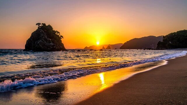 岩礁とシルエットの島が浮かぶ日本の海辺に夕日が落ちていく風景