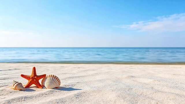 Beach with starfish and shells