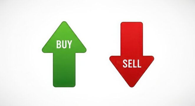 Buy and sell arrows illustrating stock market decisions with white background
