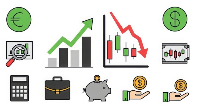 Financial icons collage featuring growth charts and money symbols, piggy bank