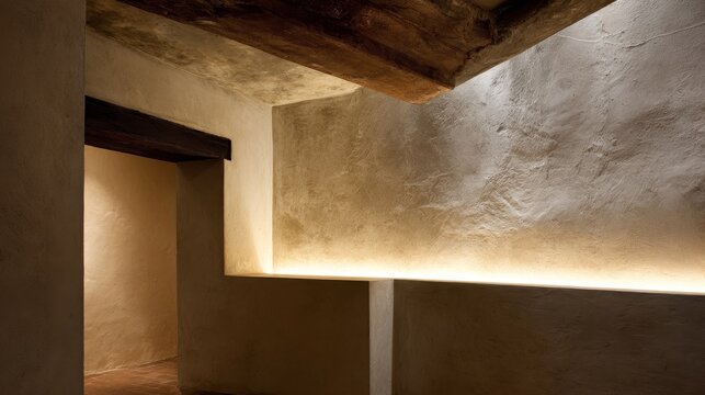 Smooth polished concrete ceiling with warm ambient lighting and exposed wooden beams in a modern interior architectural setting.
