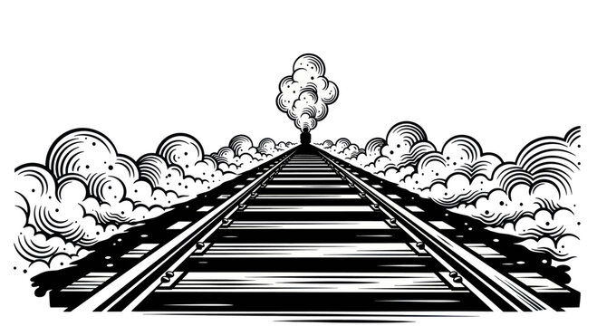 Vintage Train Tracks with Distant Locomotive and Smoke.