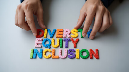 Fototapeta premium Hands arranging colorful blocks spelling diversity equity inclusion symbolizing freedom, adventure, and exploration