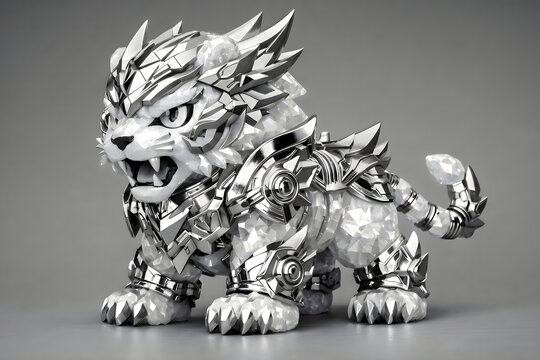 Yuru-Mecha: Gemstone - Divine White Guardian Tiger with White Diamond Armor, 3D Chibi Mecha