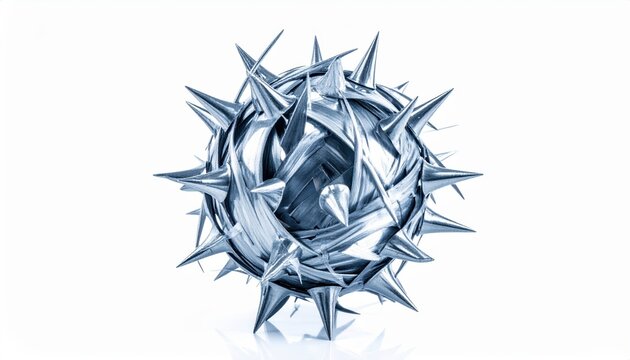 A dangerous abstract sculpture made of sharpened metal shards intertwined into a spiky sphere