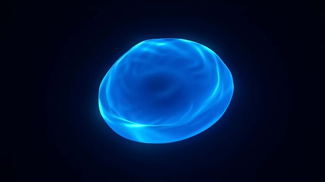 Glowing blue disc abstract liquid shape neon light circular form dark background soft glow glowing blue gel capsule floating soft light reflections smooth translucent surface subtle ripples conveying