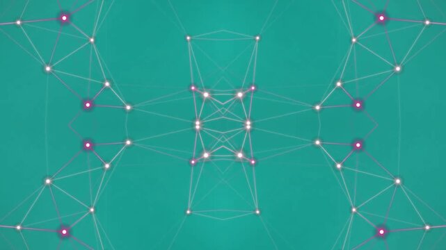 Digital network connection moving with geometric lines on teal background