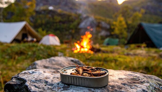 A tarnished tin holds a meager portion of cooked insects at a remote campsite with a campfire and tents in the background at dusk