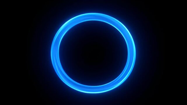 Glowing neon blue ring black background with futuristic light trail and soft reflection, atmospheric minimal abstract circle conveying energy and motion, luminous circular light with soft halo