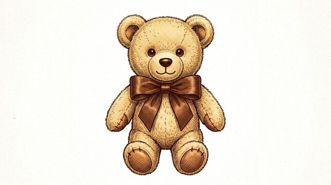 A cute teddy bear with a brown bow sitting on a white background