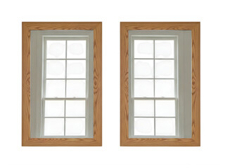 Fototapeta premium Two classic wooden windows with clear glass panes for home design projects
