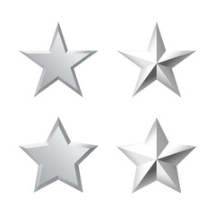 Fototapeta premium Silver stars gleam with sharp edges. Each star shows a different angle and light reflection. They shine brightly against a plain white background. Perfect for rating, excellence, or achievement themes