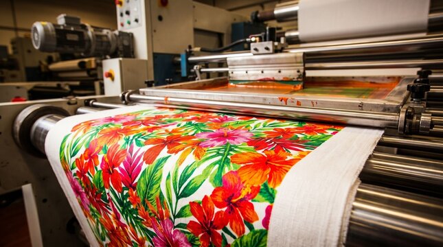 A large industrial printing machine producing vibrant colorful fabric with floral patterns in a factory setting.