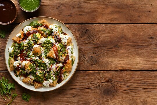 Delicious samosa chaat topped with yogurt mint chutney and tamarind sauce served on a round plate over wooden surface
