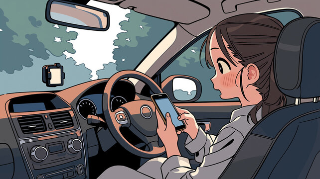 運転中にスマホを操作することで生じる危険性を表現したイラスト素材で、通勤や送迎シーンにおける交通違反や事故リスクを強く印象付ける啓発コンテンツ