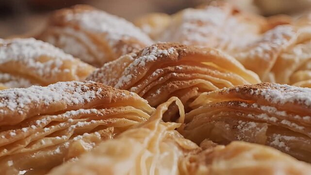 Closeup of delicious flaky pastries dusted with powdered sugar.