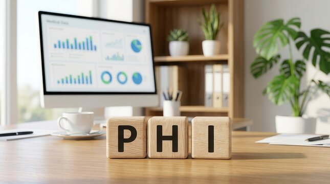 Healthcare data security concept with PHI wooden blocks and medical dashboard on computer monitor.