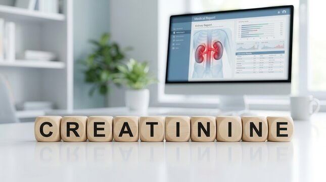 Medical report showing creatinine testing for renal disease risk and dehydration assessment.
