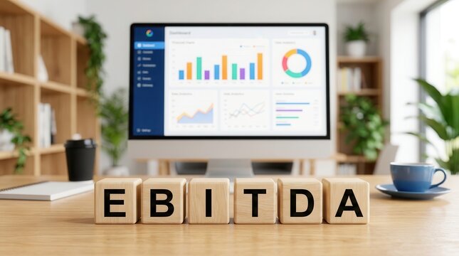 EBITDA wooden blocks in foreground with financial data charts on a computer screen.
