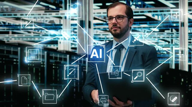 Happy man in data center using laptop, coordinating backups and recovery protocols, AI AR overlay. Smiling software developer in server room upgrading infrastructure with artificial intelligence
