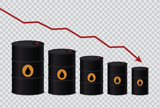 Vector illustration of declining oil prices with falling barrels and downward arrow symbolizing market downturn, price decrease, and reduced energy demand concept