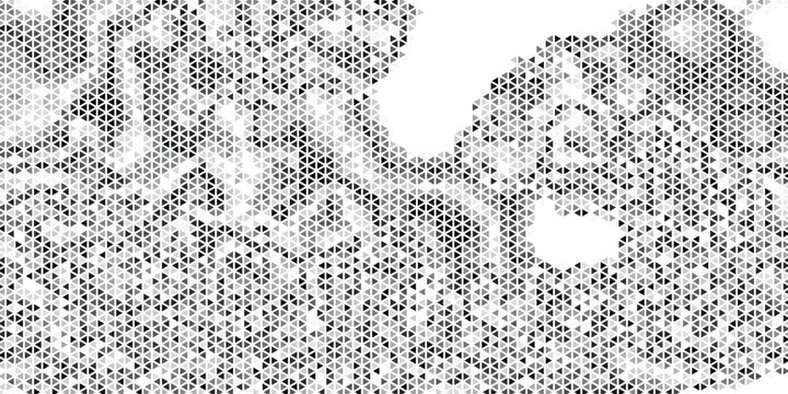 Macro close-up of black halftone dots on white paper forming a dense geometric mosaic of triangles and diamond shapes, with varied dot density, sharp edges, and visible print grain.