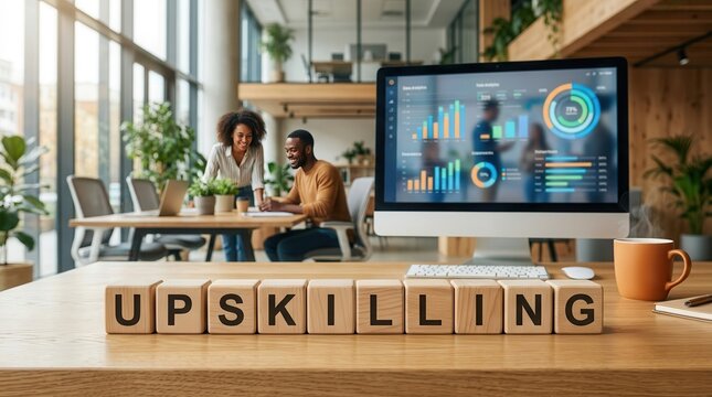 Job readiness and reskilling in a changing labor market shown with upskilling wooden cubes.